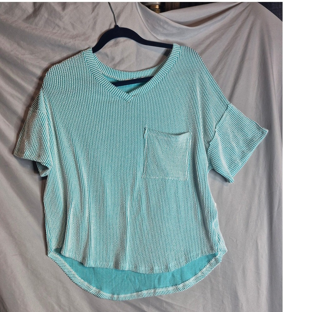 Altar'd State Aqua Textured Knit Top Pocket Short Sleeve Casual Blouse